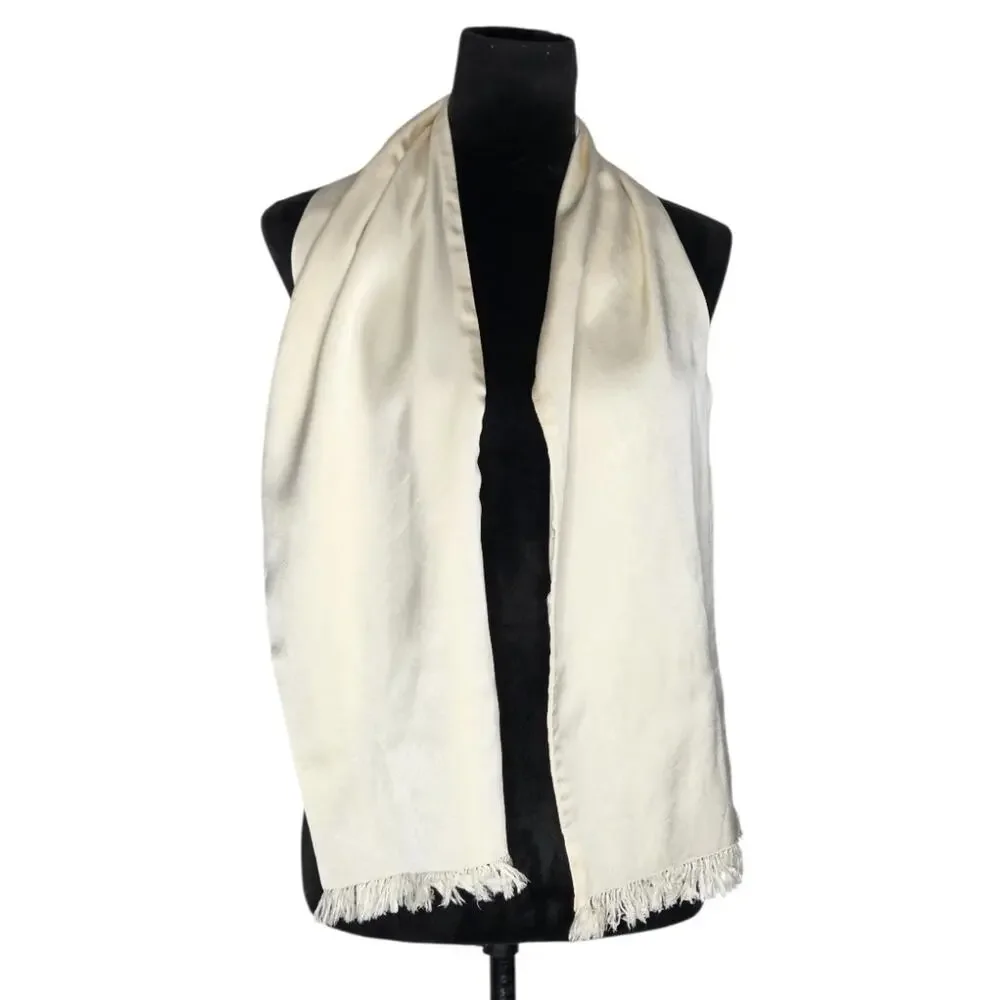 VTG 100% Silk Ivory Rectangle Scarf Fringe Long 56